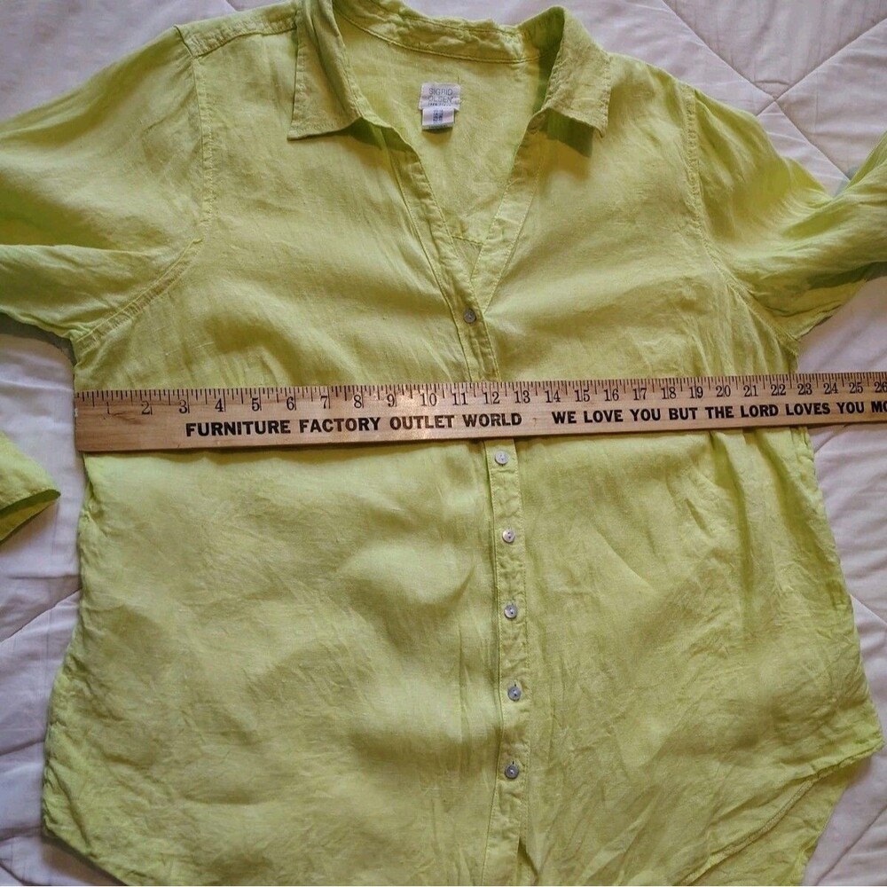 Sigrid Olsen Linen Button Front Shirt Size 1X Roll Sleeve Chartreuse... - Picture 7 of 10